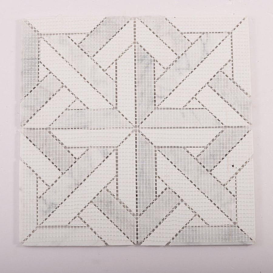 Backside mesh-mounted sheet of white geometrica Thassos marble tile