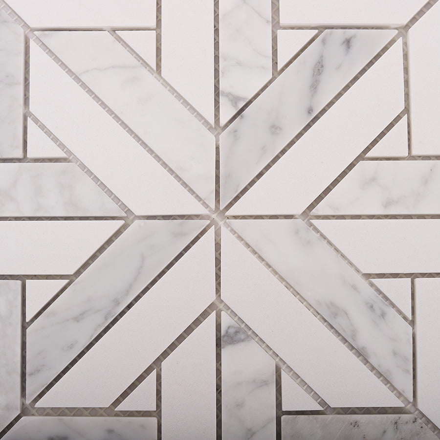 Close-up view of central intersection in geometrica Thassos marble tile