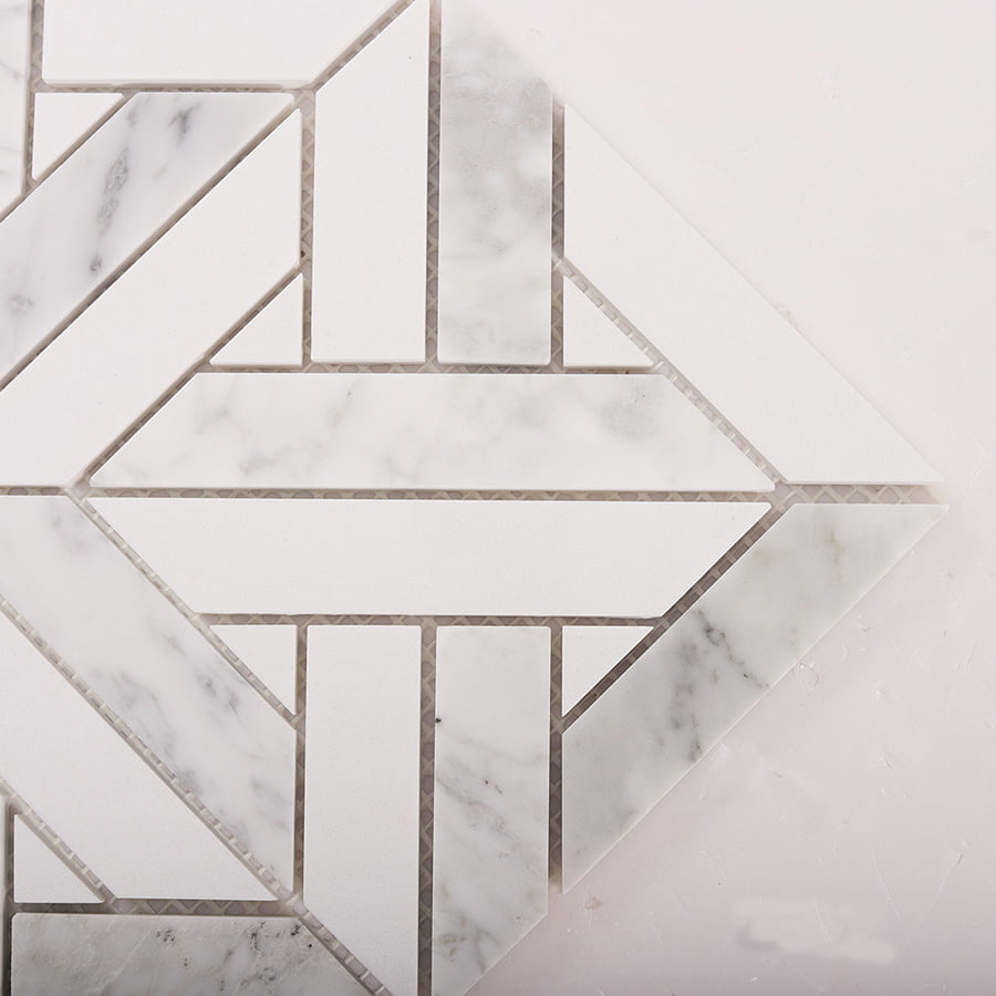 Corner detail of white geometrica Thassos honed marble mosaic tile