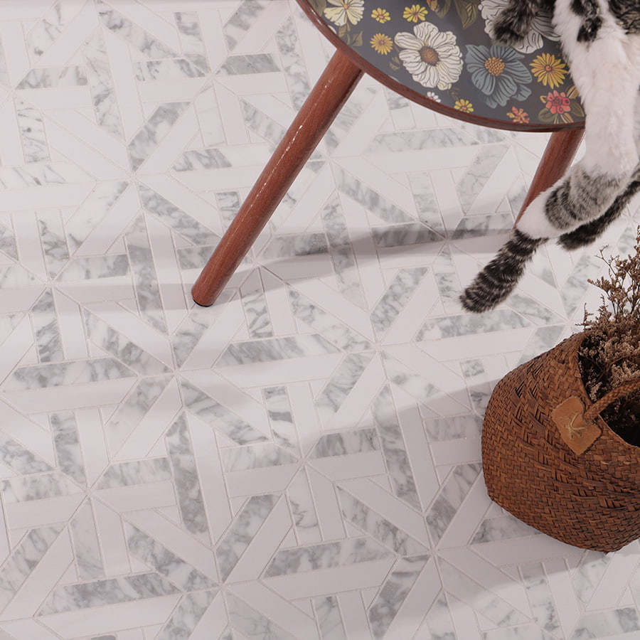 Interior styling with white geometrica Thassos marble mosaic floor tile