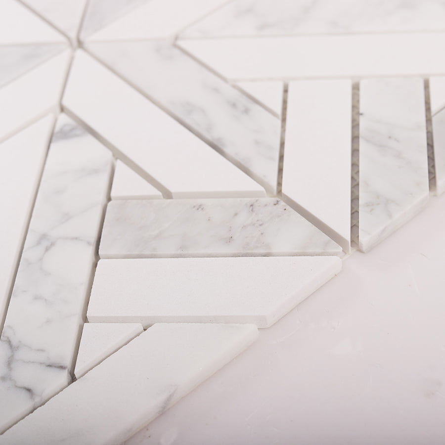 Close-up of Thassos marble tile texture and surface height detail