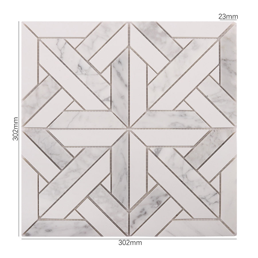 White geometrica Thassos marble tile showing dimensions 302x302mm