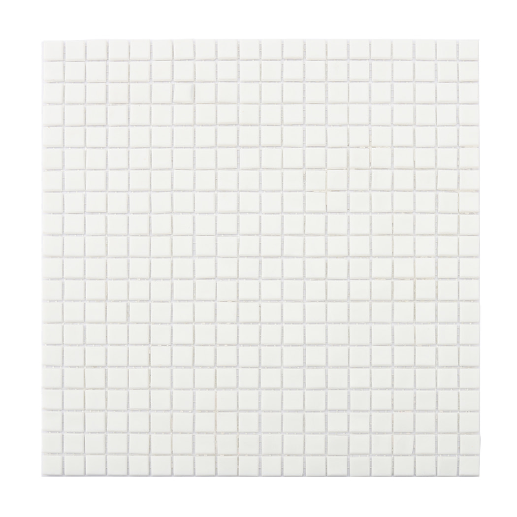 Flat lay of white glass square mosaic tile showing uniform grid pattern