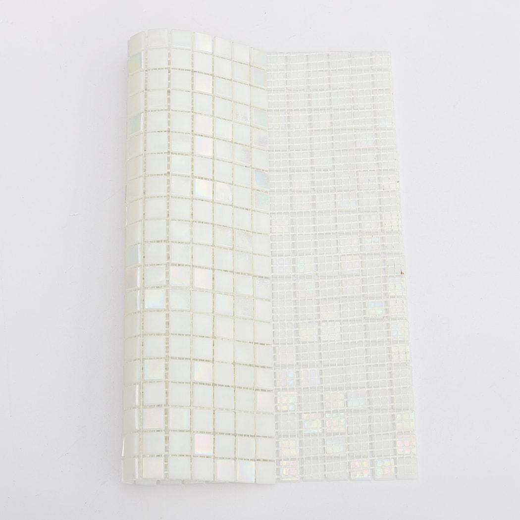 white glass square pool tile sheet showing tile surface and rear mesh backing