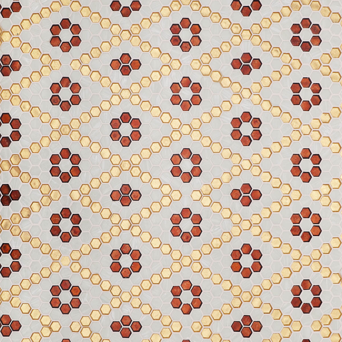 White and gold hexagon glass mosaic tiles with red floral pattern