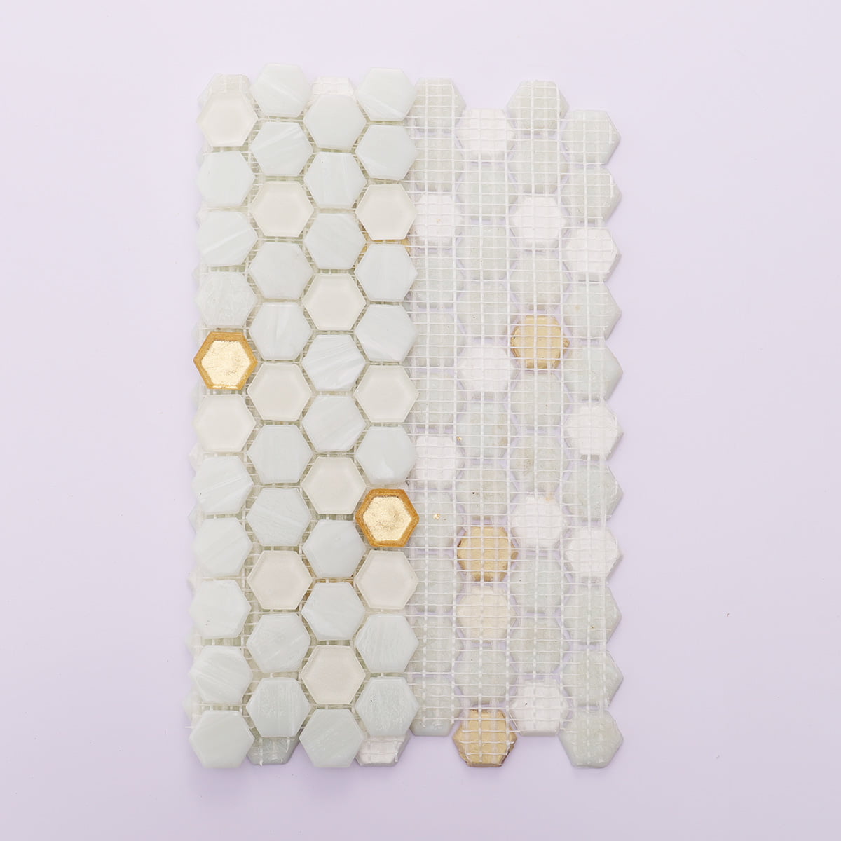 White and gold hex glass mosaic showing front and mesh back