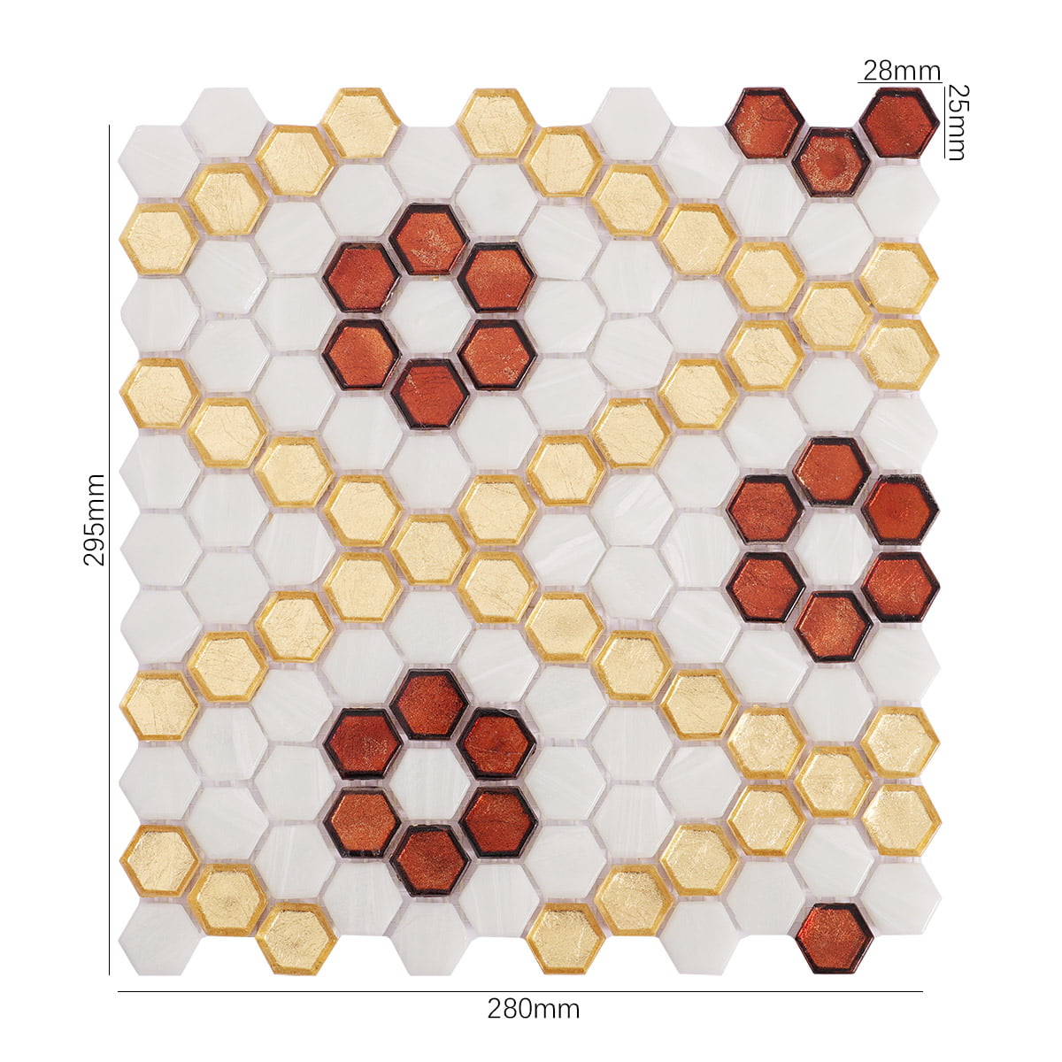 White and gold hexagon glass mosaic tile sheet with size measurements