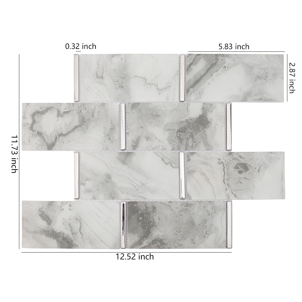 White gray glass subway mosaic tile sheet with silver electroplated glass accents