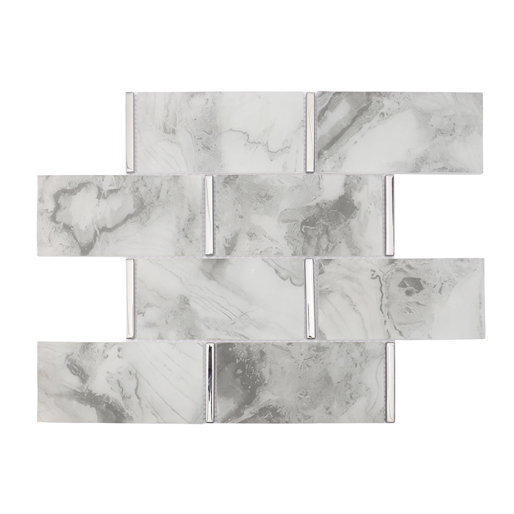 White and gray marble look glass subway mosaic tile sheet with silver accents