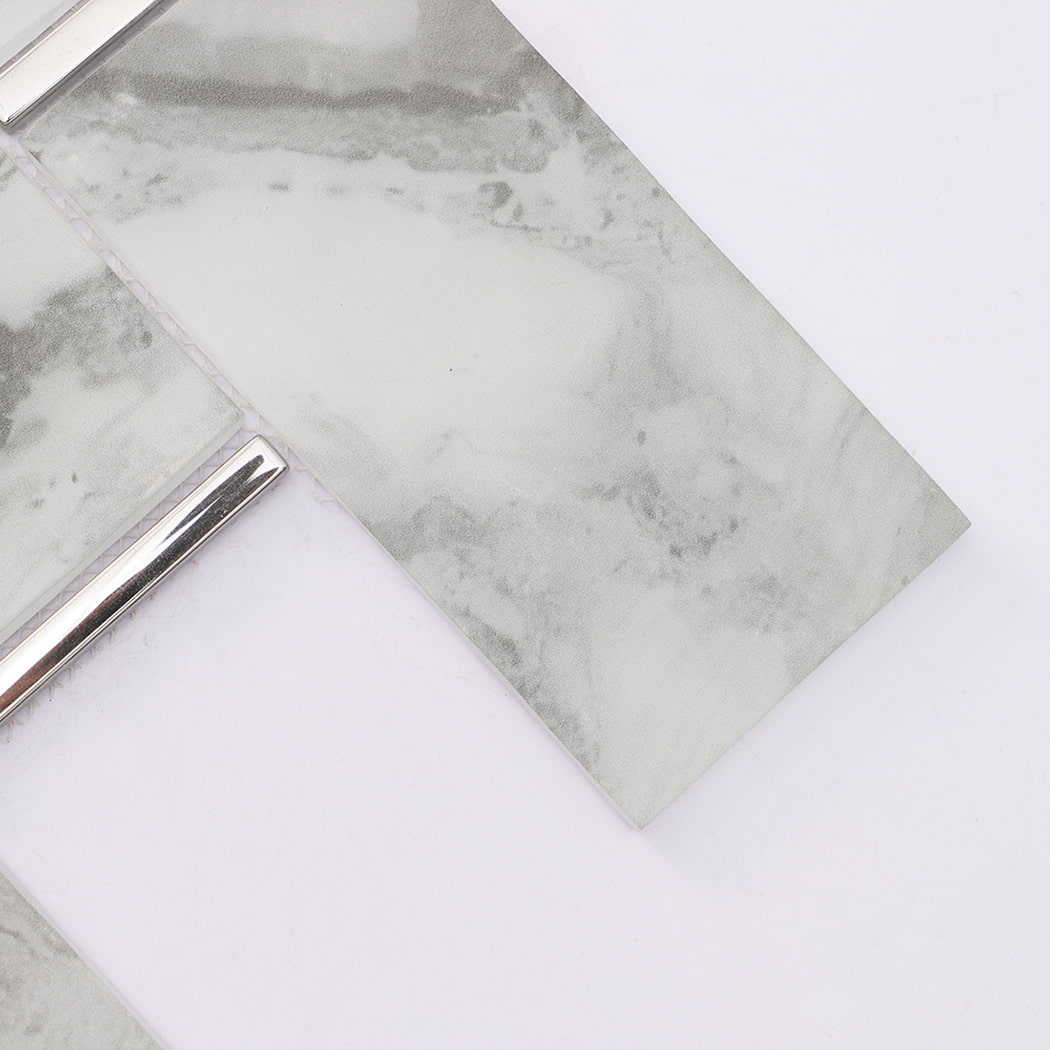 White gray marble look glass subway mosaic tile with electroplated glass accent