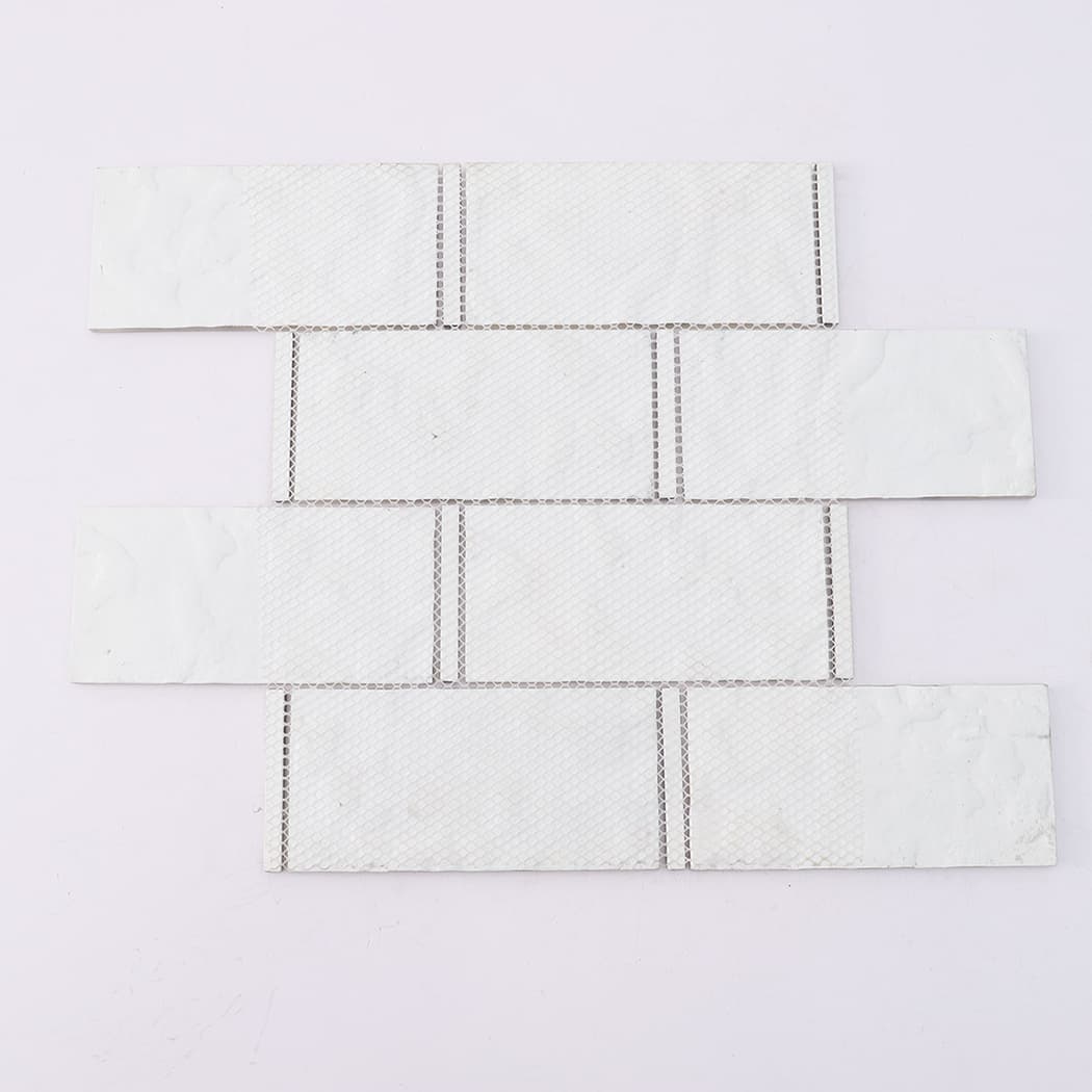 Mesh backing of white gray glass subway mosaic tile sheet with glass accents