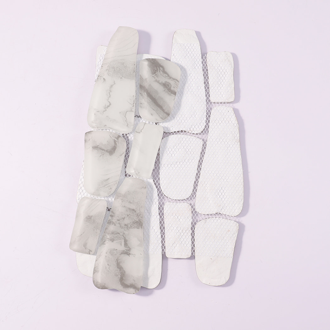 Mesh backing of white gray irregular glass mosaic tile sheet