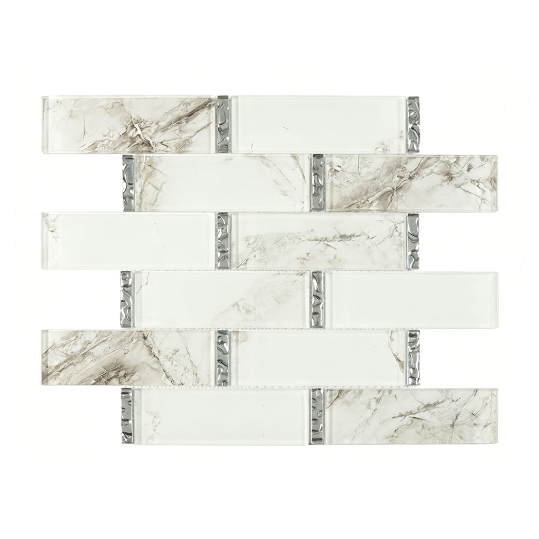 White gray glass subway mosaic in staggered long brick layout