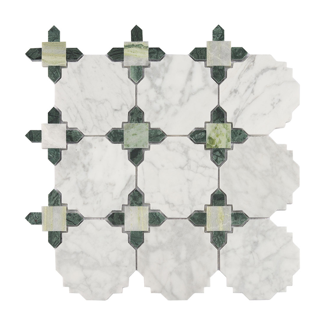 Full sheet view of white marble geometric mosaic tile with green stone accents