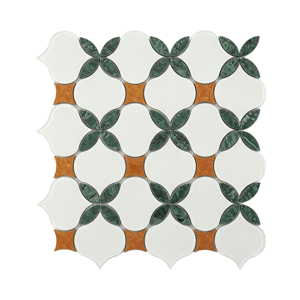White arabesque marble mosaic tile with green leaf flowers and orange stone accents