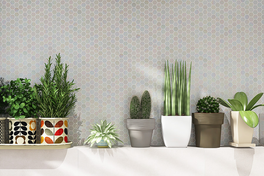 White iridescent hexagon tile wall with potted plants