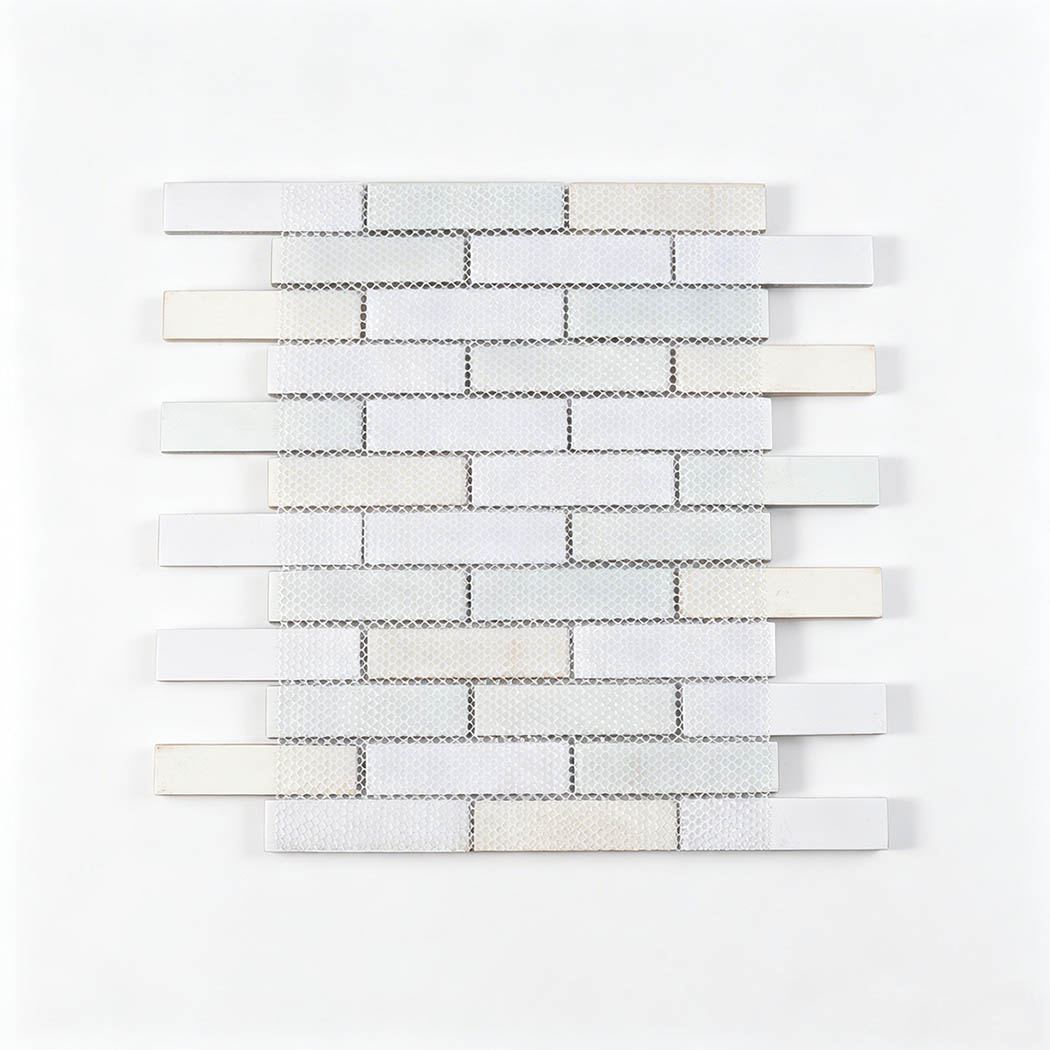 White iridescent glass subway mosaic tile back with mesh mounted layout