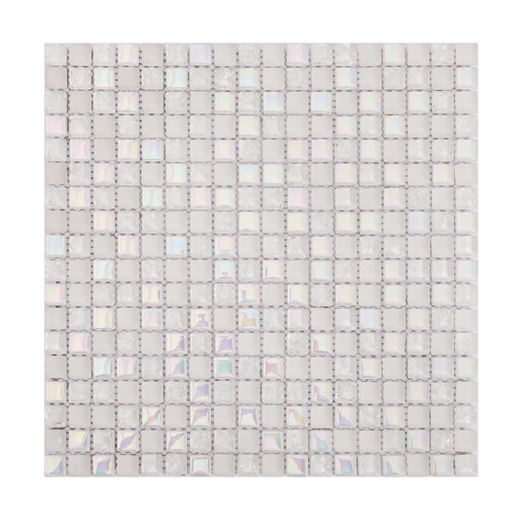 Full sheet of white iridescent mixed glass mosaic tile