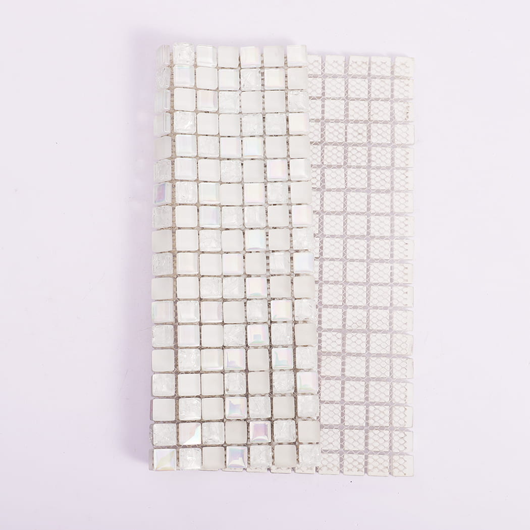 White iridescent mixed glass mosaic tile with mesh backing view