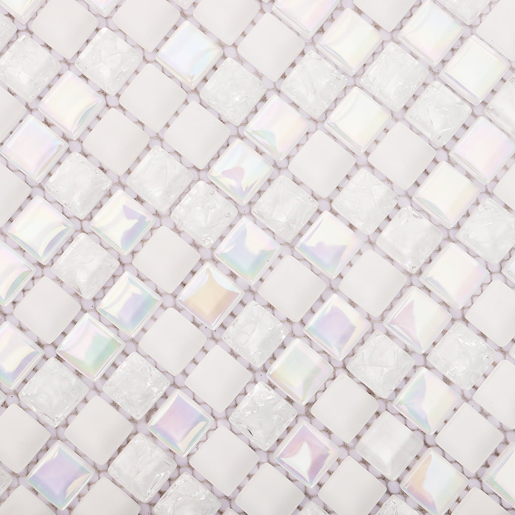 Close-up of white iridescent mixed glass mosaic tile pattern