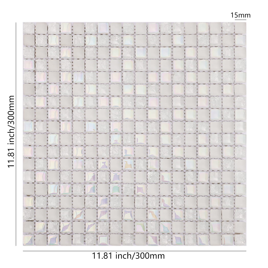 White iridescent mixed glass mosaic tile sheet with size details