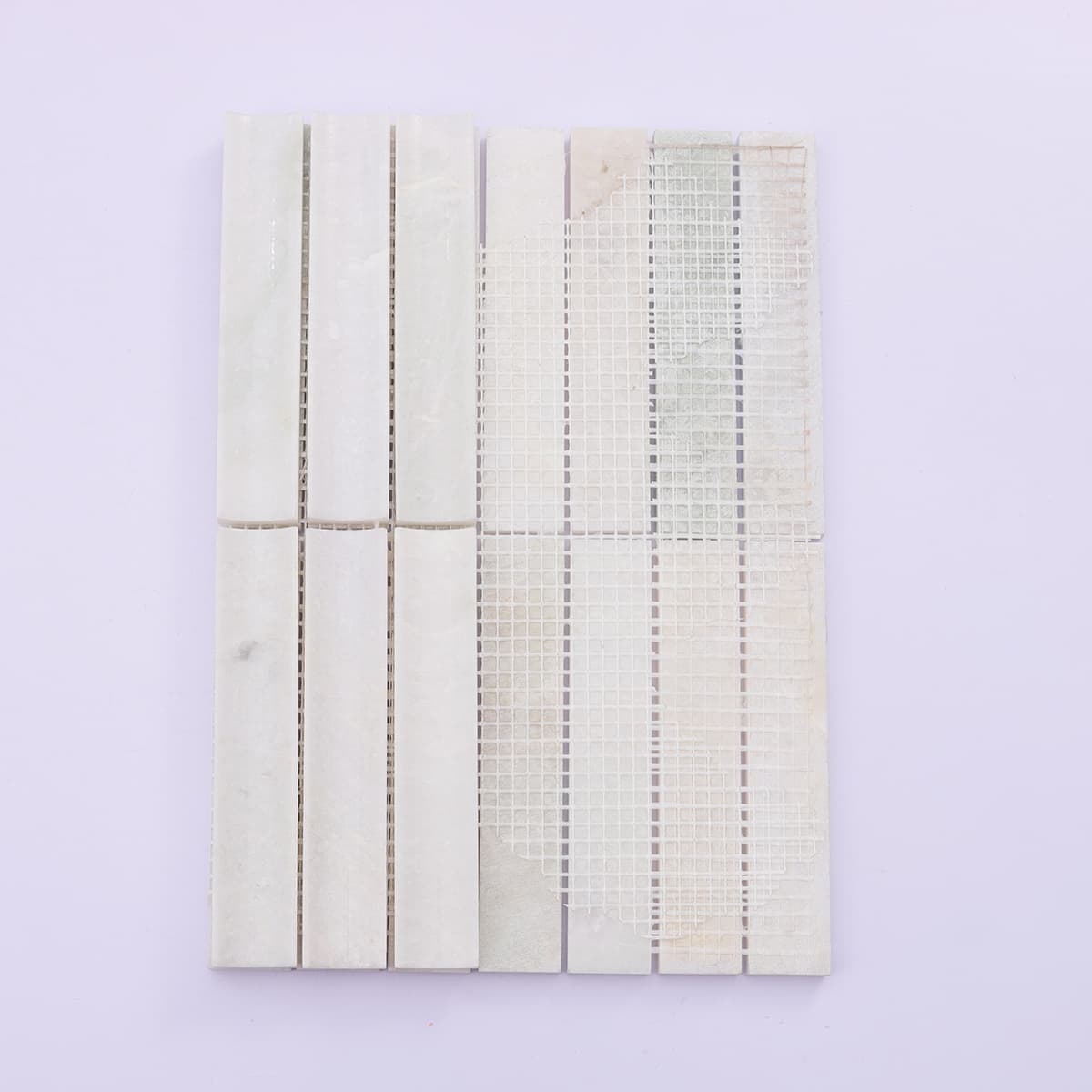 Backside of white jade fluted mosaic with mesh backing