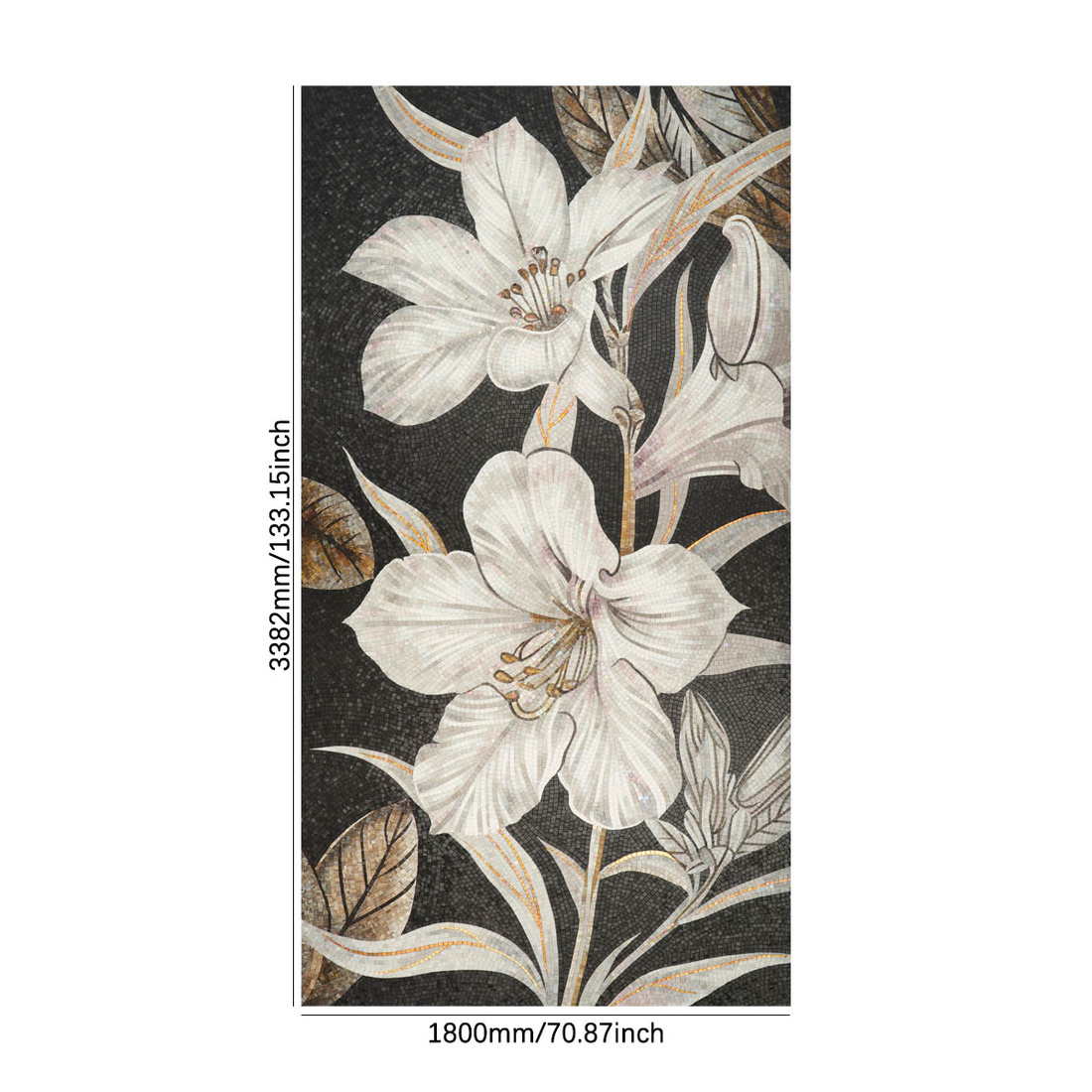 White lily mosaic mural dimensions on black background