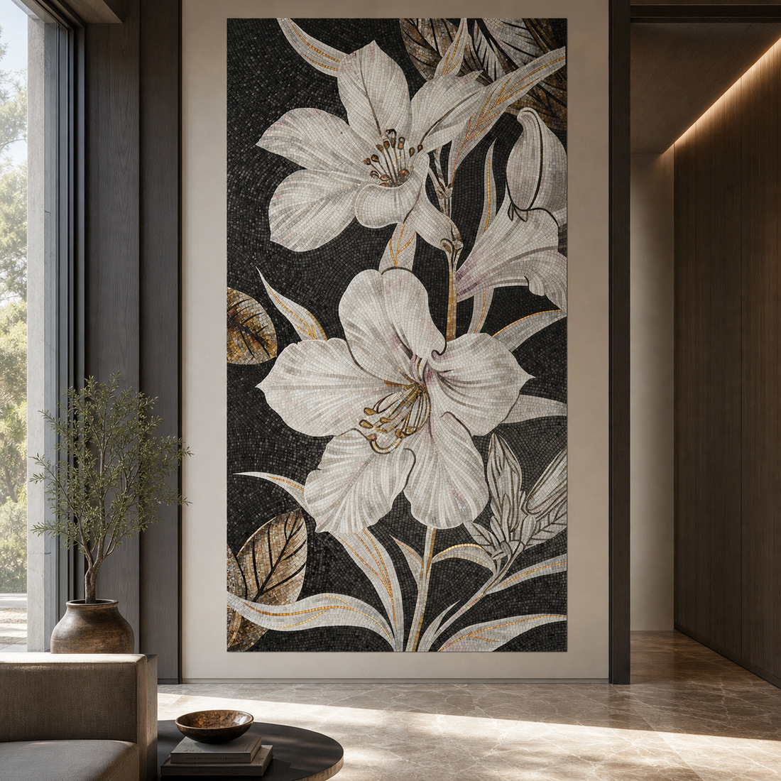 White lily mosaic mural on a modern interior wall