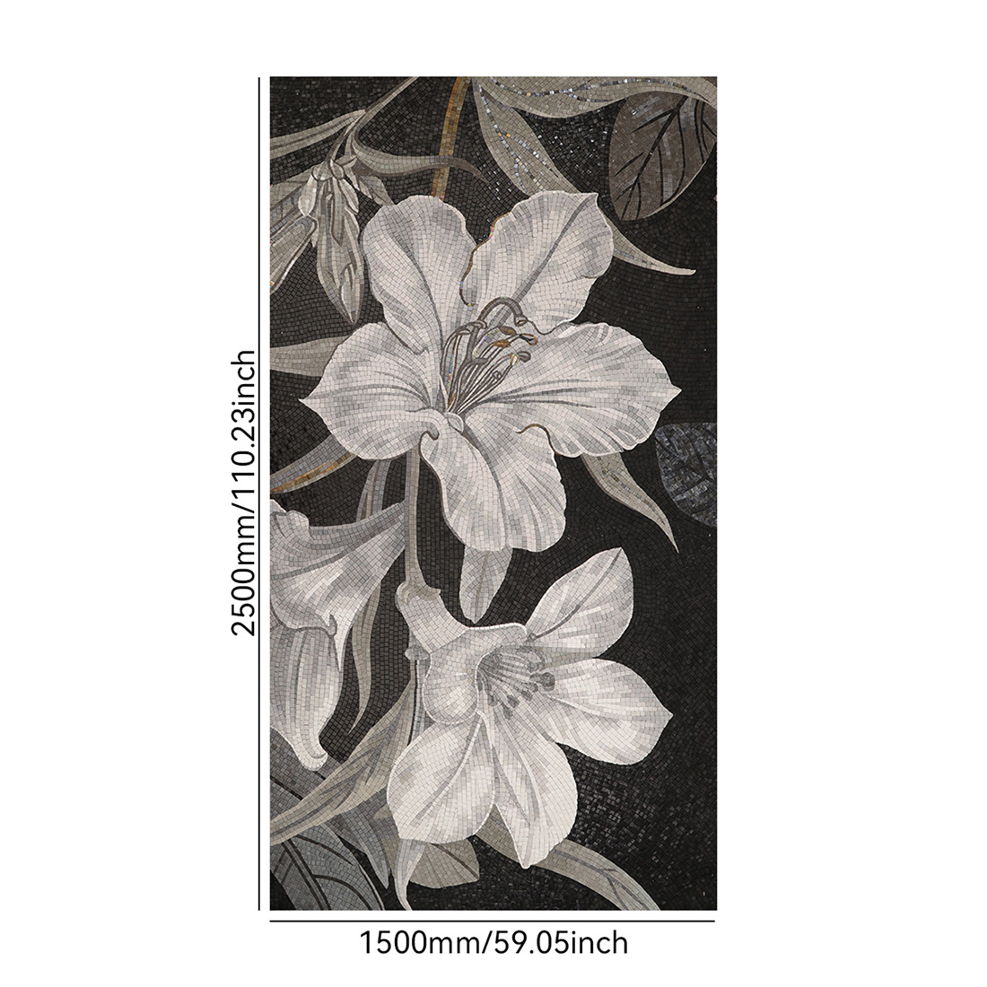 White lily mosaic mural size display showing 1500mm by 2500mm