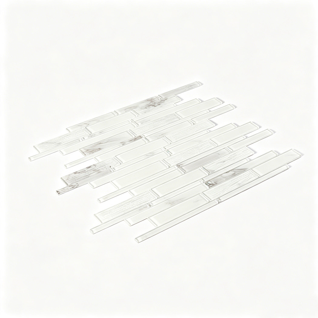 Perspective view of white linear glass mosaic sheet with subtle gray veined accents