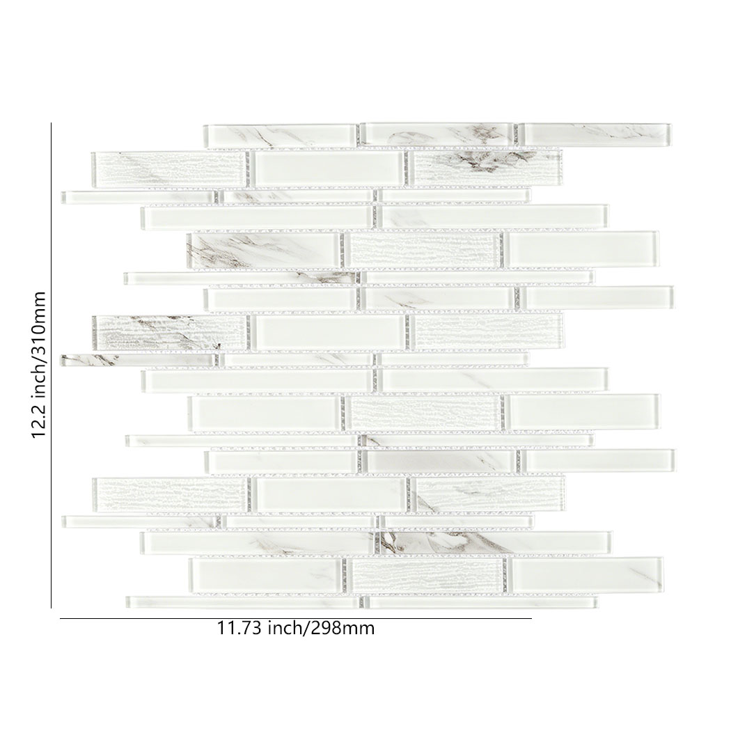 White linear glass mosaic sheet with 298 mm width and staggered strip layout