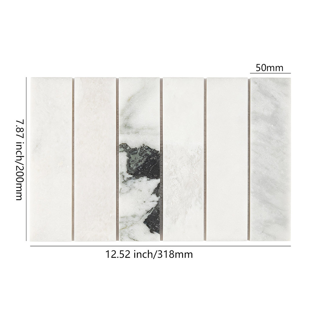 White marble mosaic with 50 by 200 mm strips on a 318 by 200 mm sheet