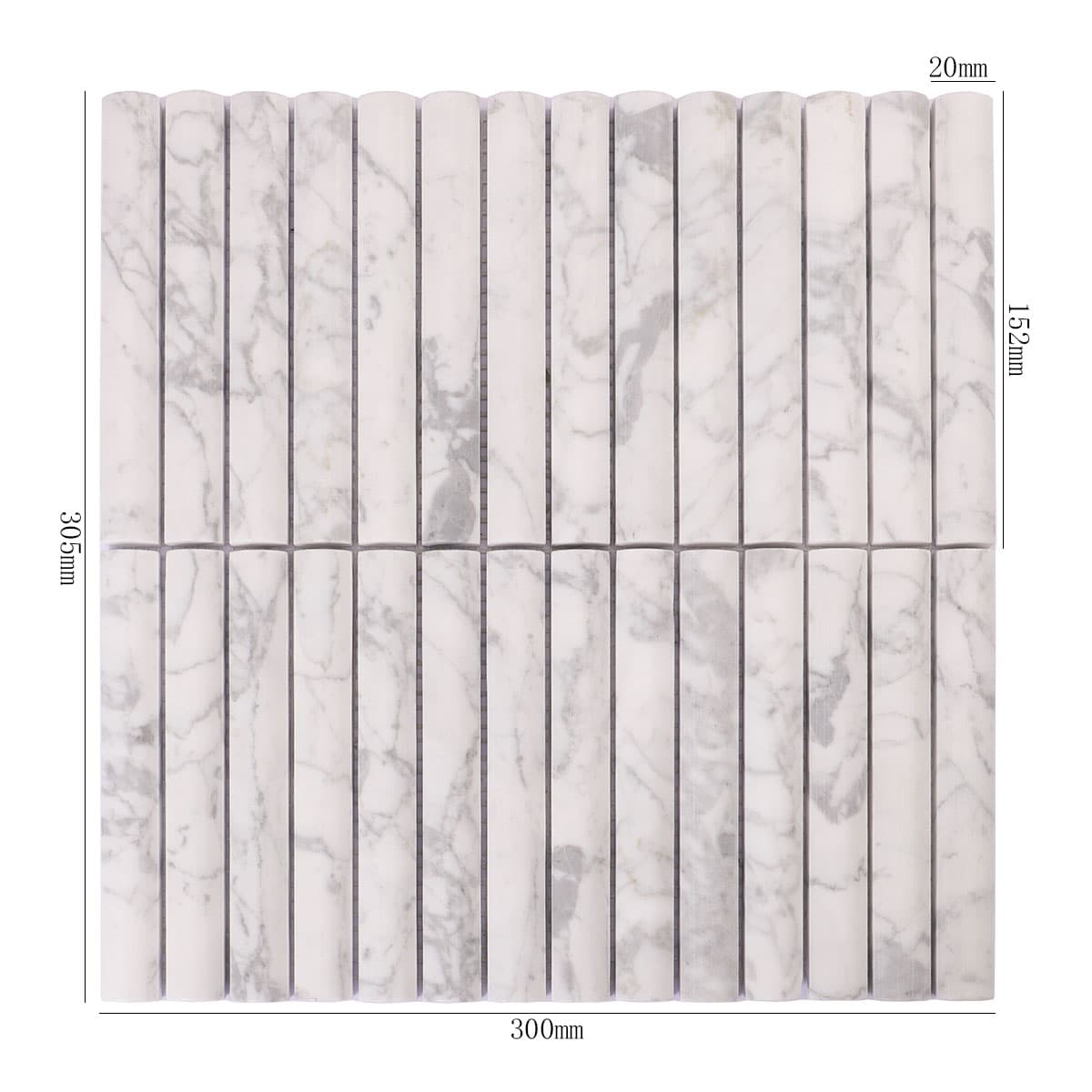  Front view of white marble 3D mosaic tile with dimensions