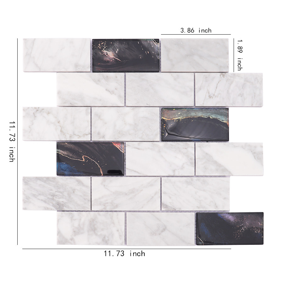 White marble and black glass mosaic subway tile sheet with inch measurements
