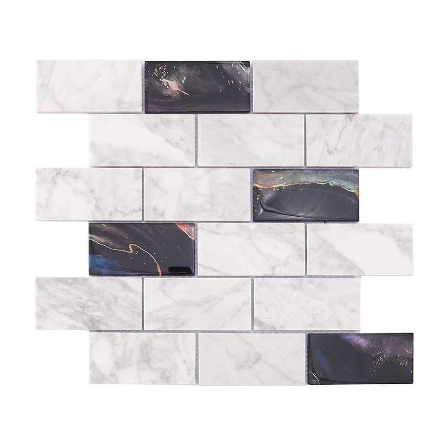 Front view of white marble and black glass subway mosaic tile sheet