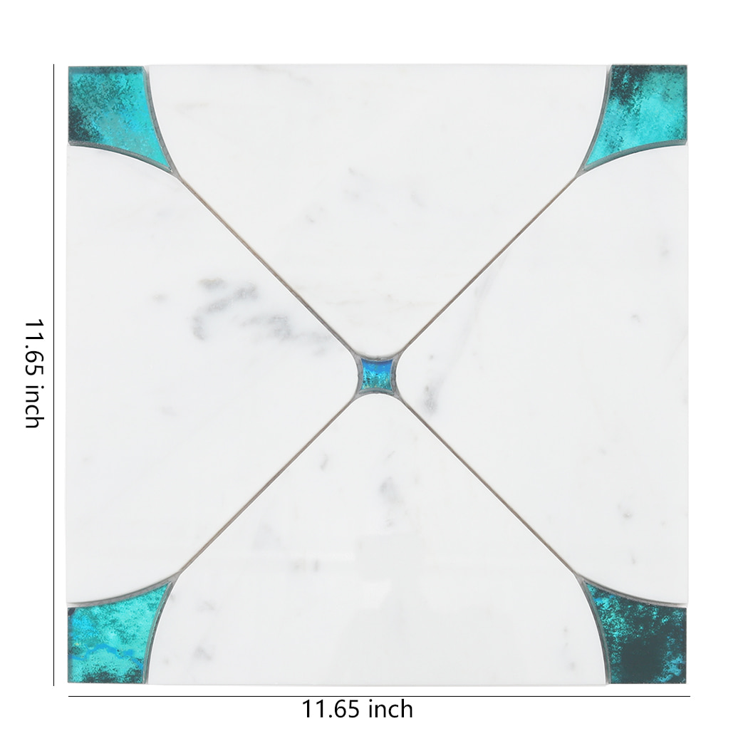 Top view of a square marble tile with blue glass corners and center, showing 11.65 inch dimensions.