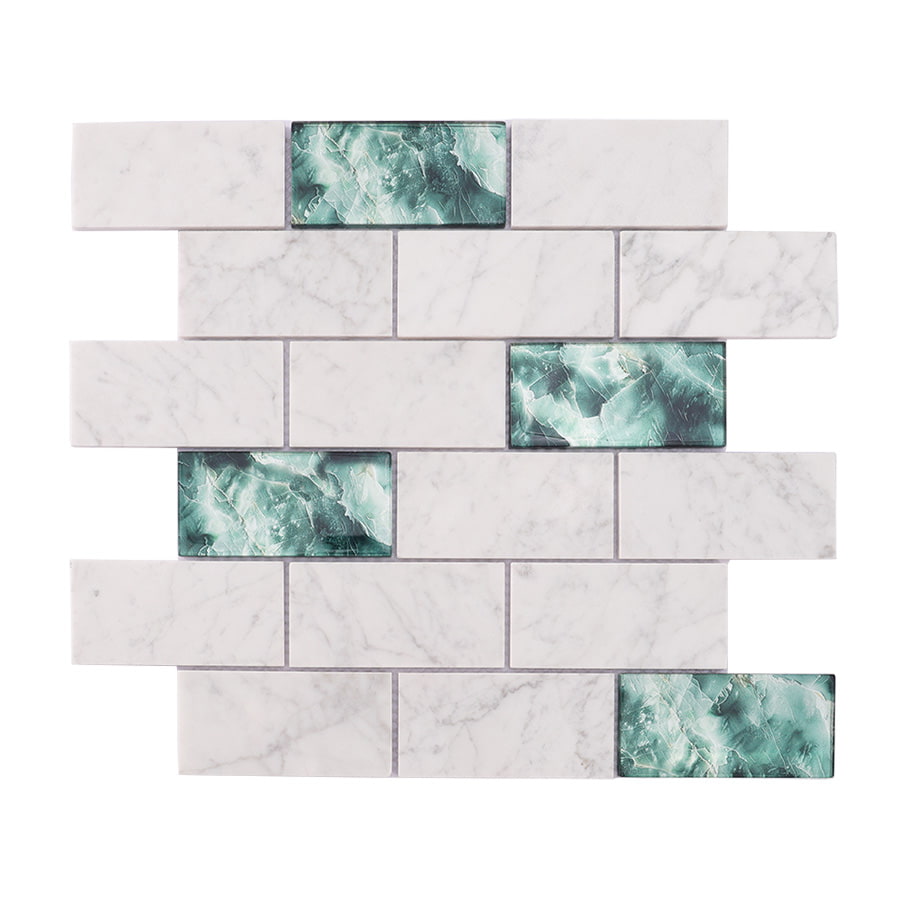 Front view of white marble and green glass mosaic subway tile sheet