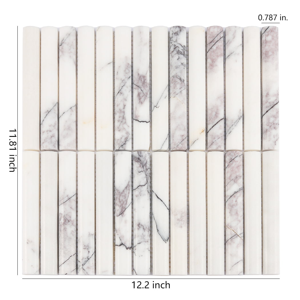 Top view of white marble pencil mosaic tile with 12.2 by 11.81 inch size markings.