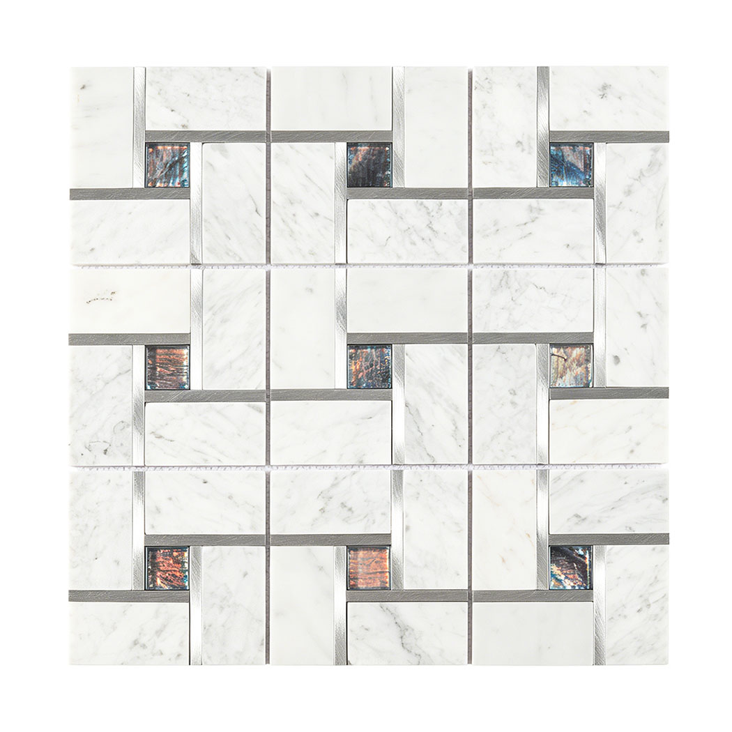 Front view of a mosaic tile sheet with white marble rectangles and metallic square accents.