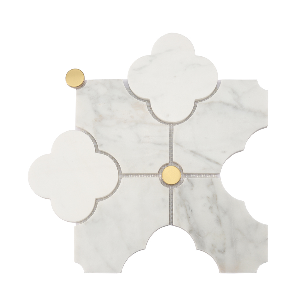 Full sheet view of white marble arabesque mosaic tile with gold accents