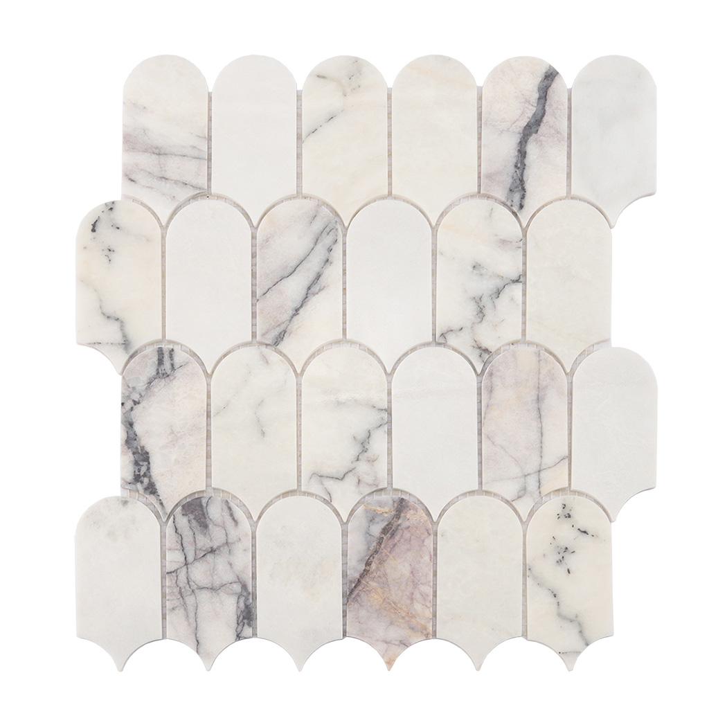 Full sheet of white arched marble mosaic tile with soft gray veining