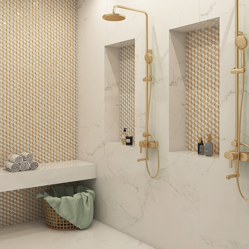 White marble bathroom with gold vintage diamond mosaic shower niche
