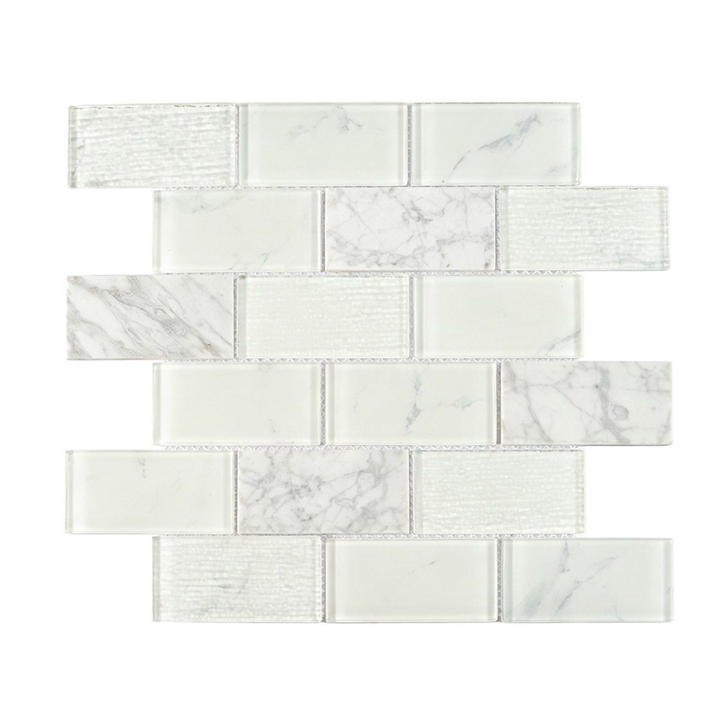 White marble and clear glass subway mosaic in staggered brick layout
