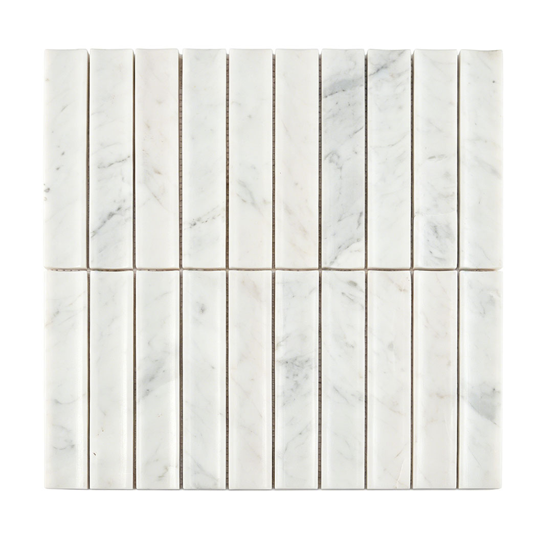 Full sheet of white marble curved fluted mosaic tile with soft gray veining