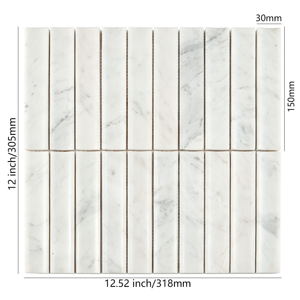 White marble curved fluted mosaic tile sheet with 30mm by 150mm strip size marks