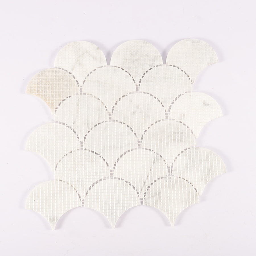 Back mesh view of white marble fish scale mosaic tile sheet.