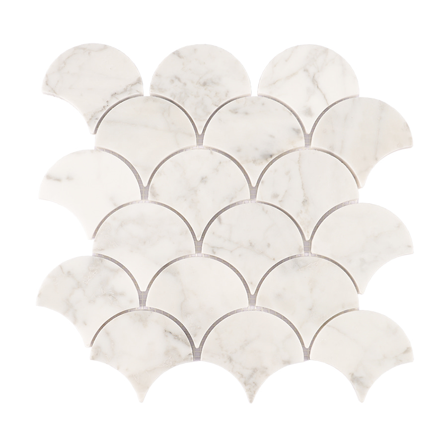 Front view of white marble fish scale mosaic tile sheet.