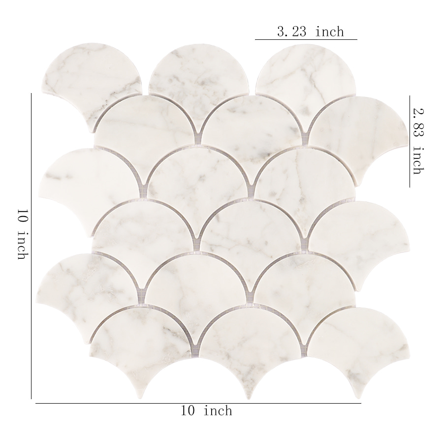 White marble fish scale mosaic tile with dimensions shown on image.