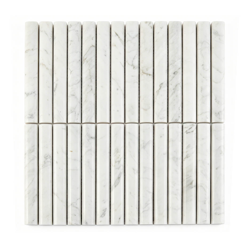 Front view of white marble fluted rod mosaic tile with elegant vertical rods