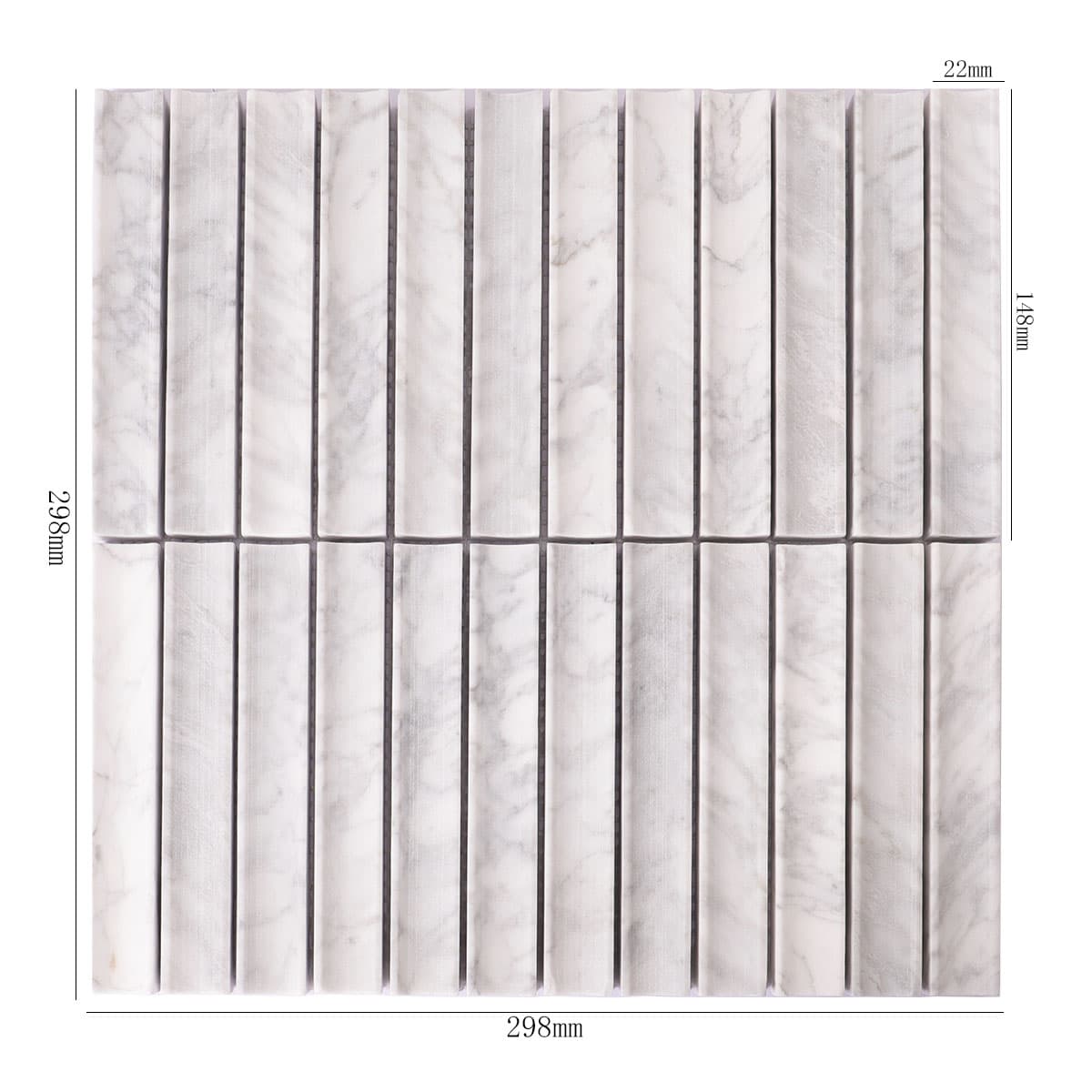 Front view of fluted white marble tile with measurements
